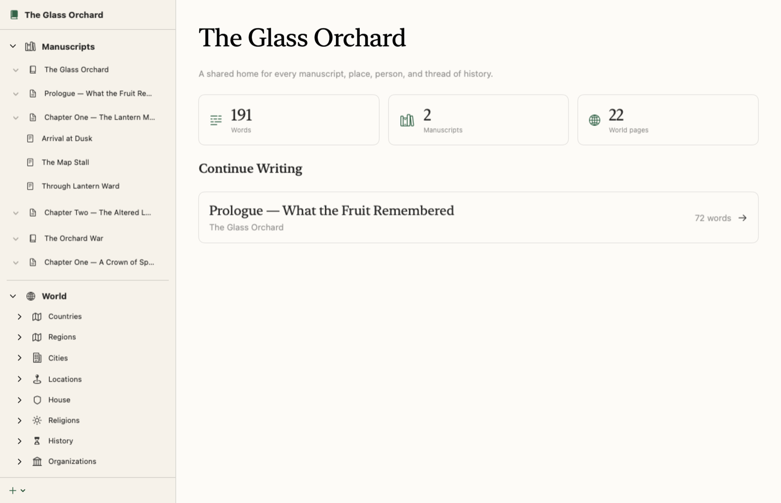 The Iris writing and worldbuilding application showing a novel workspace